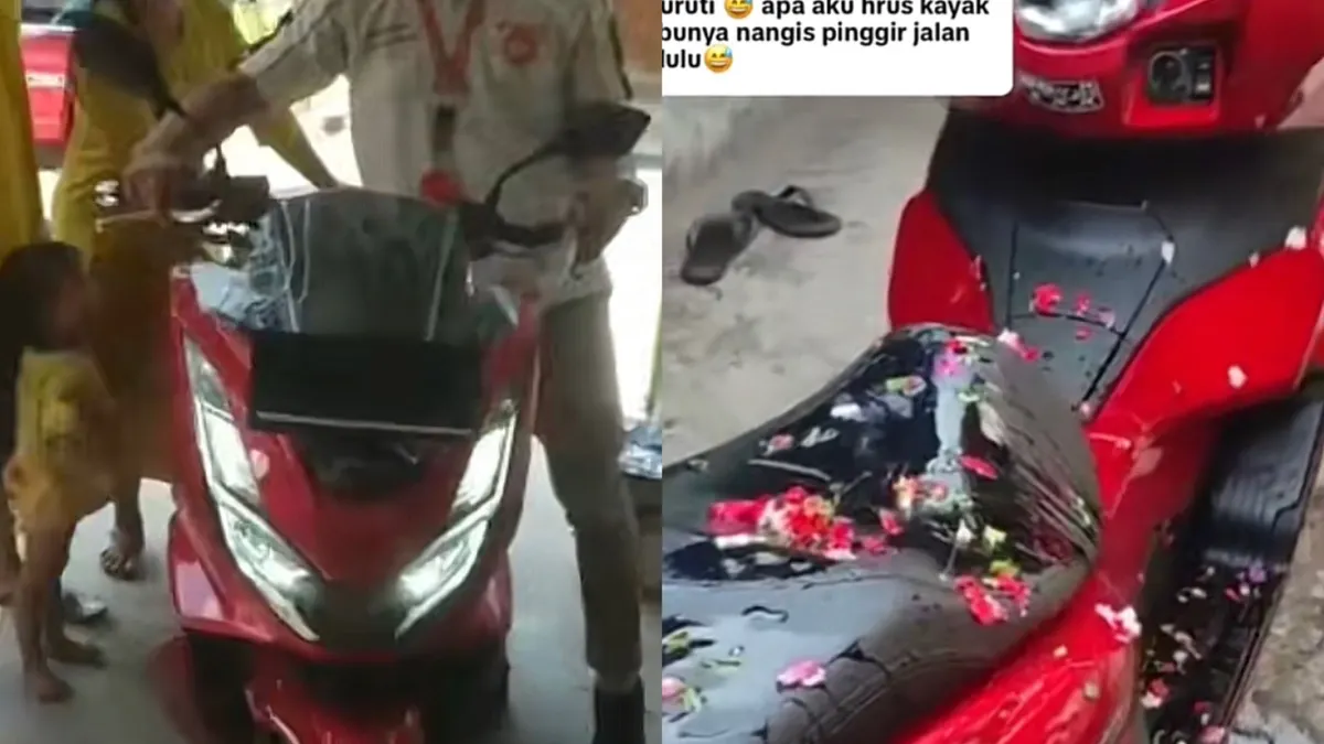 Viral Istri Ngambek di Tepi Jalan karena Motor Berakhir Sumringah, Motor Baru Tiba Langsung Dimandikan Air Kembang