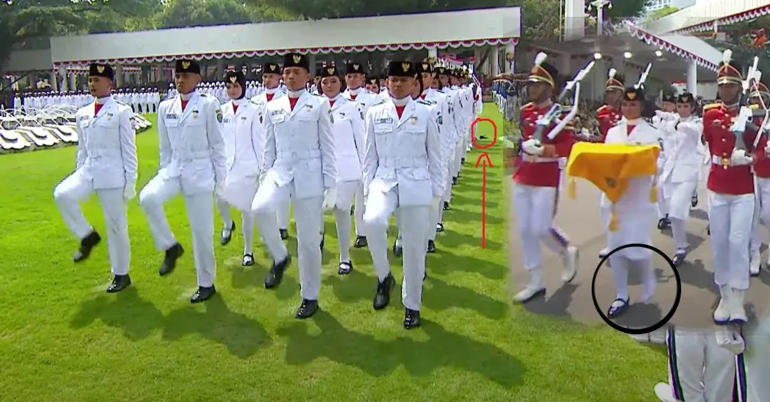 Sepatu kiri pembawa baki bendera, Lilly Indriani Suparman Wenda terlepas.