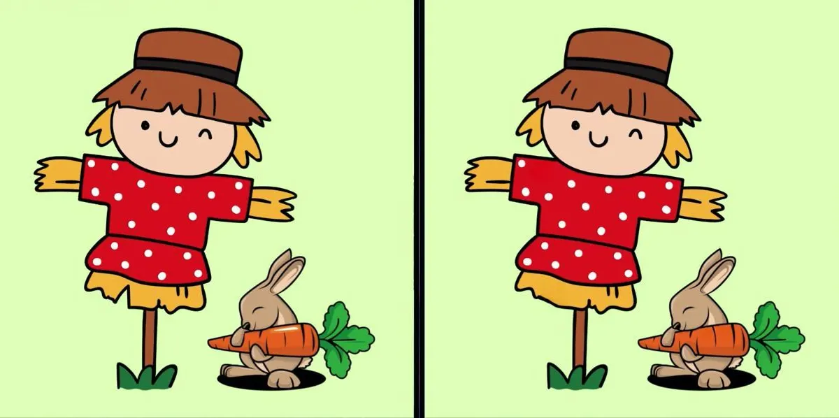 Pada gambar di atas kita bisa melihat satu boneka jerami yang mengenakan pakaian merah, dan ditemani oleh seekor kelinci.