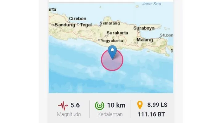 Gempa Bumi Tektonik Berpusat di Laut Guncang Kabupaten Pacitan M 5.6