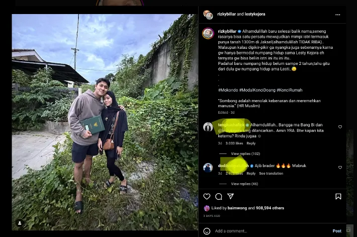 Sukses Membelikan Istri Tanah Seluas 1300 Meter di Jakarta Selatan, Ulah Rizky Billar Tuai Banyak Tanggapan