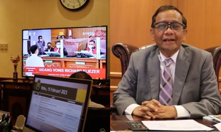 Menko Polhukam Mahfud Md menyaksikan sidang vonis atas Richard Eliezer pada Rabu, 15 Februari 2023, atas kasus pembunuhan Brigadir Yosua.