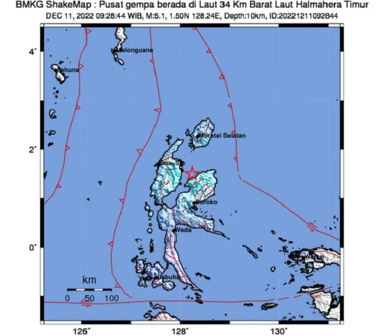 Gempa 11 Desember Skala Magnitudo 5,1 Goyang Barat Laut Halmahera, Tidak Berpotensi Tsunami