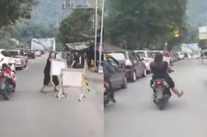 seorang emak emak berdaster di sukabumi viral karena bukakan jalan bagi ambulans ditengah kemacetan