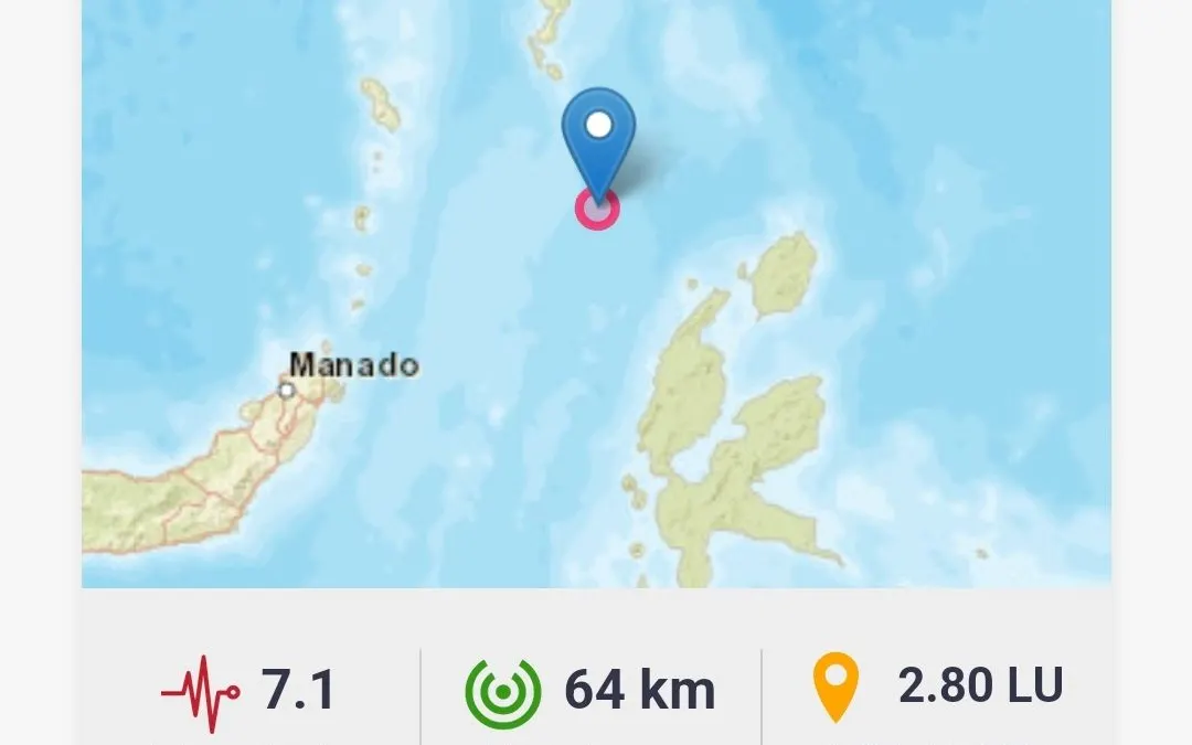 Guncangan gempa bumi tektonik M 7.1 dirasakan di Melonguane, Kepulauan Talaud, Sulawesi Utara, Rabu, 18 Januari 2023, pukul 13.06 WIB.a Berkekuatan Magnitudo 7,1 Guncang Sulawesi Utara Hari Ini
