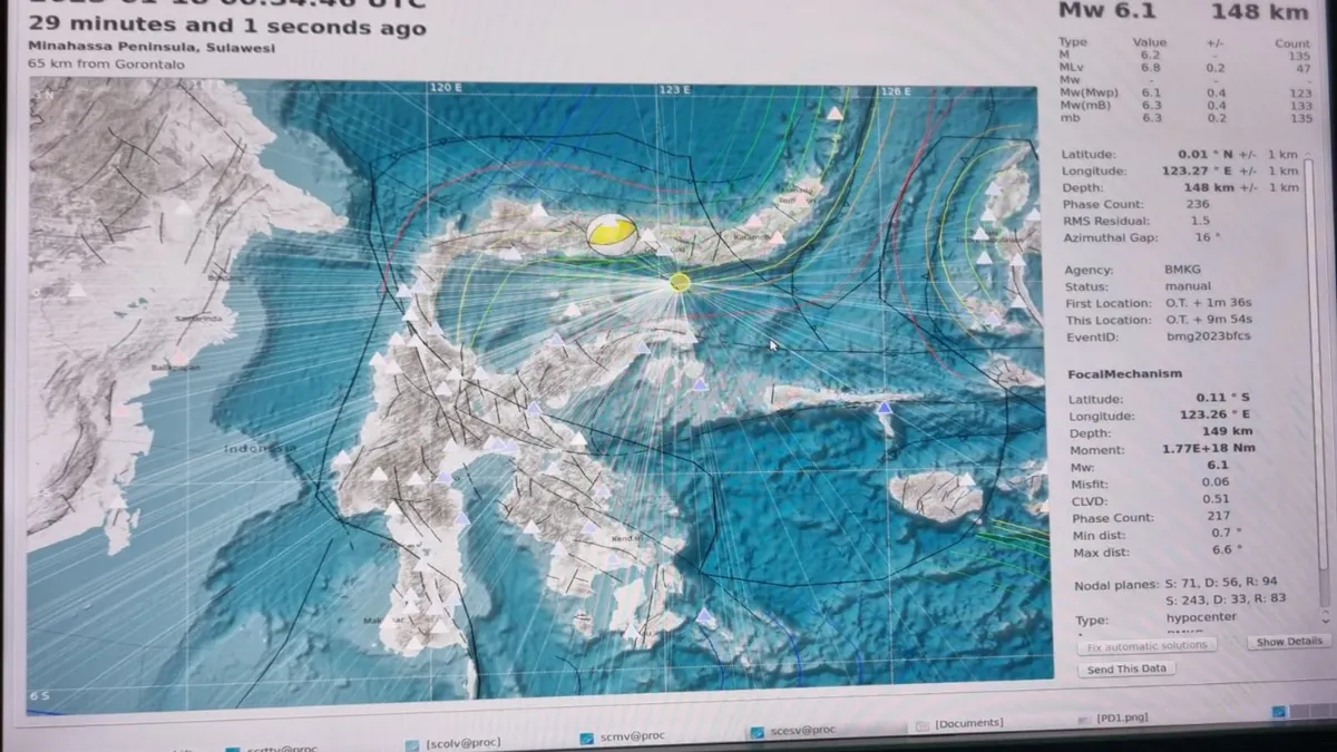 Gempa bumi mengguncang wilayah Lengan Utara, Sulawesi tepatnya 65 km dari Gorontalo dengan kekuatan M 6,1 pada kedalaman 148 km, Rabu, 18 Januari 2023.