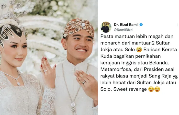 Savage! Gibran Rakabuming Balas Nyinyiran Rizal Ramli Soal Pernikahan Kaesang Pangarep dengan Satu Huruf Saja