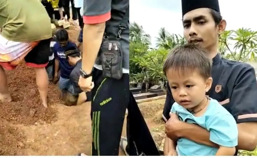 Viral sebuah video anak kecil menatap ayahnya meninggal dunia dan sedang dimakamkan, bilang jangan tidur di tanah.