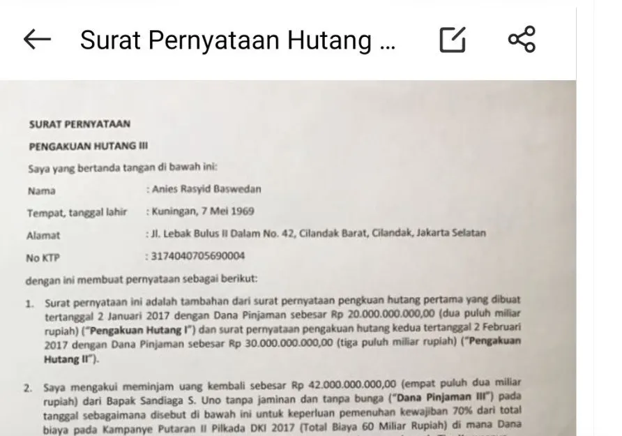 Viral Diduga Surat Perjanjian Utang Anies - Sandi yang Dijamin Oleh Erwin Aksa Saat Pilkada DKI