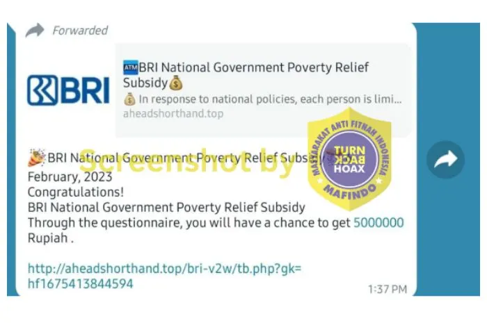 Beredar kabar klaim BRI membagikan subsidi pengentasan kemiskinan dari pemerintah sebesar Rp5 juta.