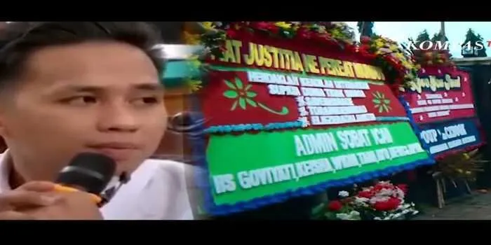Deretan karangan bunga berisi pesan, dukunga dan doa untuk Richard Eliezer di depan PN Jaksel, Rabu (15/2/2023)