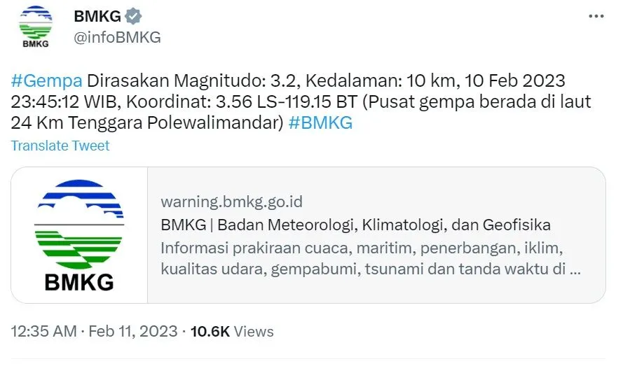 Polewali Mandar Sulawesi Barat Diguncang Gempa 3.2 Magnitudo