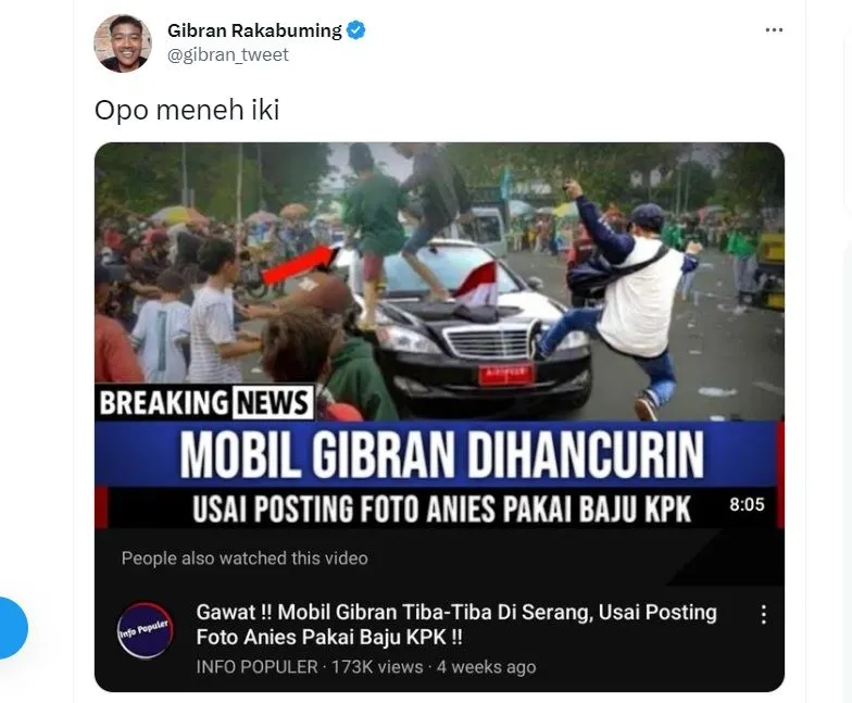 Beredar di YouTube Mobilnya Diserang Usai Posting Foto Anies Pakai Baju KPK, Gibran Rakabuming: Opo Meneh Iki