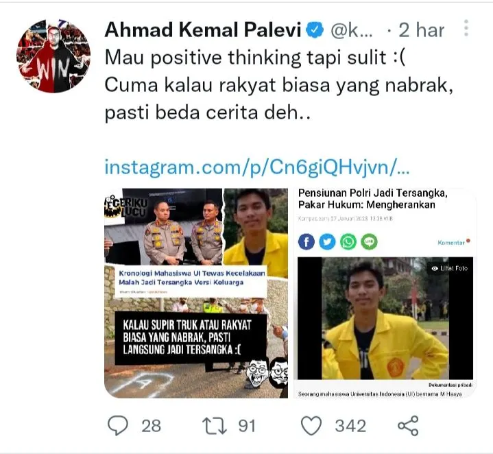Viralnya kasus seorang mahasiswa UI yang ditabrak lari oleh pensiunan polisi dan justru dijadikan tersangka juga mengundang cuitan geram netizen.