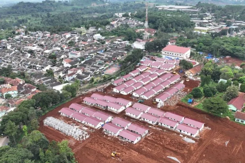 Foto udara hunian tetap relokasi bagi masyarakat terdampak Gempa Cianjur yang dibangun oleh Kementerian PUPR / ANTARA / HO 