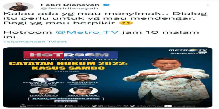Unggahan Kuasa hukum  Febri Diansyah di akun Twitternya yang menuai komentar warganet