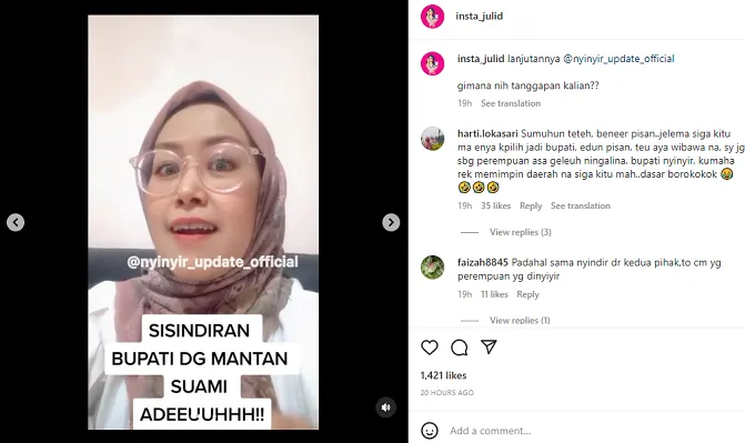 Viral video seorang wanita yang menyindir Bupati Purwakarta Anne Ratna Mustika karena terlihat sering mengumbar aib rumah tangganya dengan Dedi Mulyadi.