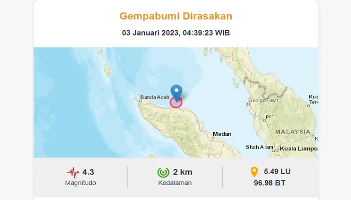 Gempa kembali guncang wilayah Indonesia pagi ini di Kota Lhokseumawe, Aceh Utara, Selasa, 3 Januari 2023.