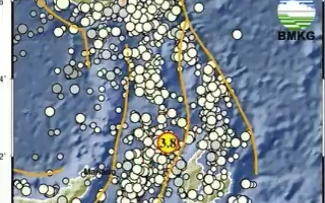 BMKG menyampaikan gempa bumi adanya berkekuatan M 3,8 berlokasi di darat mengguncang wilayah Jantho, Aceh Besar pada Minggu, 1 Januari 2023.