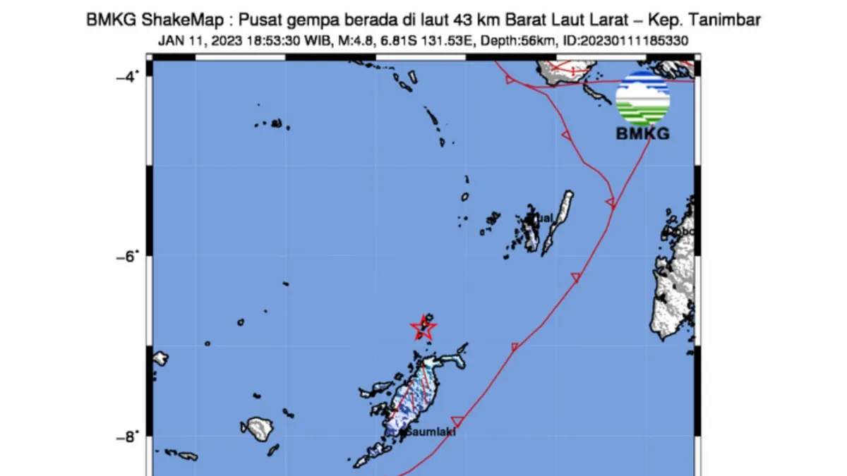 Gempa bumi tektonik melanda wilayah Kepulauan Tanimbar, Maluku pada Rabu, 11 Januari 2023 dengan kekuatan 4,8 SR pada pukul 18.53 WIB.