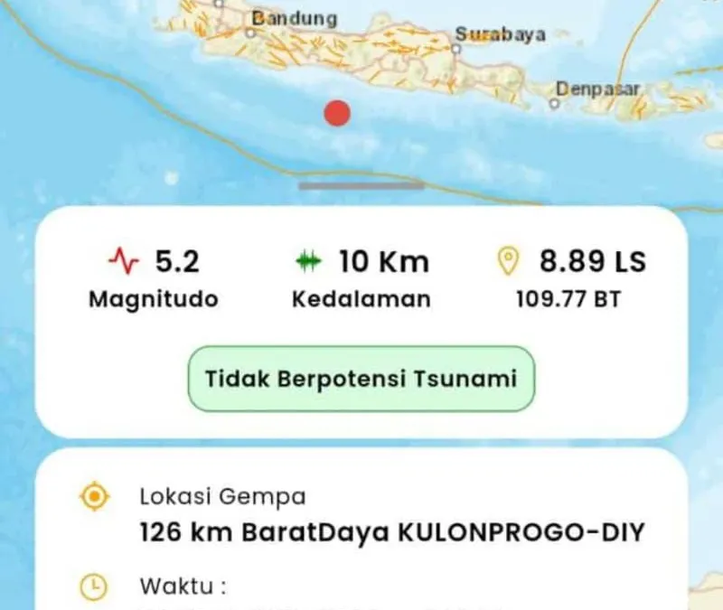 barat daya Kulon Progo, DI Yogyakarta, pada kedalaman 10 km.
