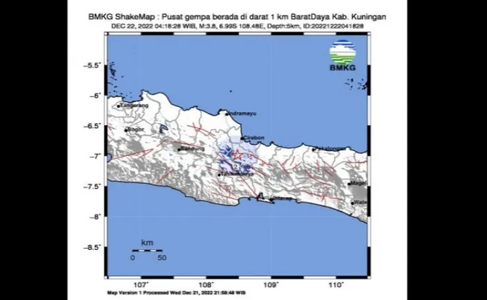 Tangkapan layar peta guncangan gempa magnitudo 3,8 di wilayah Kabupaten Kuningan, Jawa Barat yang berlokasi di darat pada kedalaman 5 km, pukul 4.18 WIB, Kamis (22/12/2022).(Antara/HO-BMKG) 