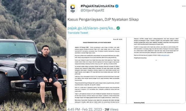 irektur Jenderal Pajak Suryo Utomo mengambil pernyataan sikap dan menyebut prihatin atas kondisi korban penganiayaan dan kekerasan antara anak pejabat Dirjen Pajak dengan seorang pemuda.