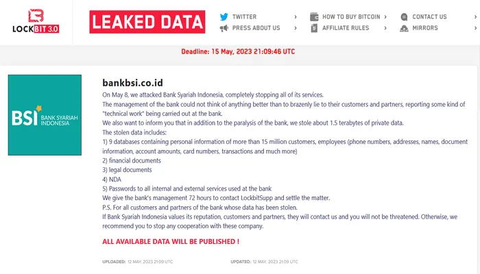Hacker LockBit Ancam Sebar 15 Juta Data Nasabah BSI