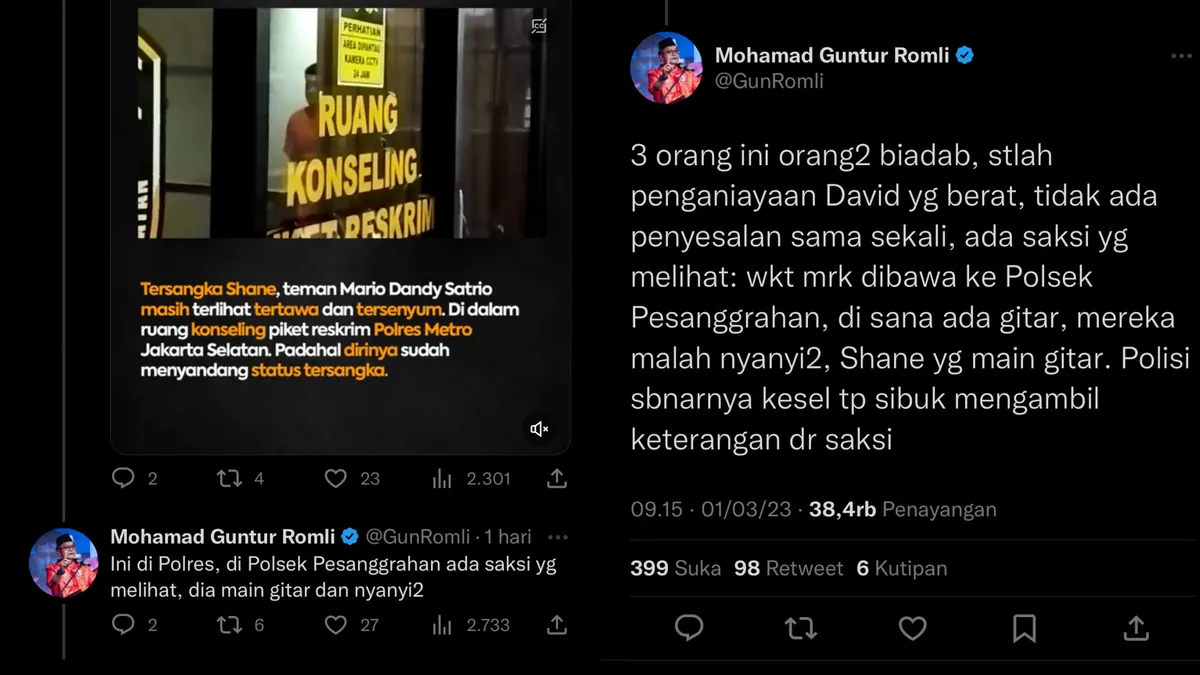 Guntur Romli menuturkan keterangan saksi yang menyebut jika Mario Dandy dan Shane masih bermain gitar saat dibawa ke Polres Pesanggrahan.
