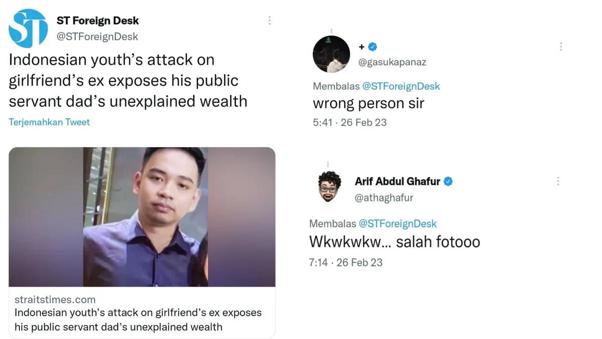 Heboh dikomentari netizen, foto Mario Dandy yang yang diunggah dalam headline berita The Straits Time salah.