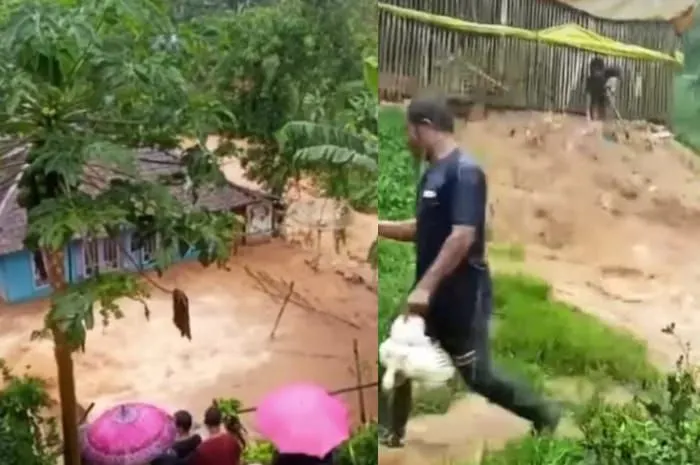 Bencana banjir di Cianjur, seorang wanita pemiliki ternak ayam menangis histeris lihat hewan siap panen hanyut.