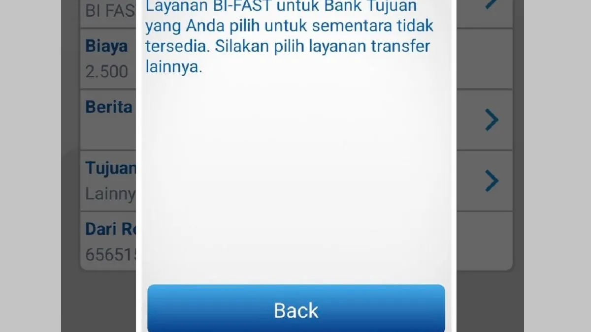 Layanan fitur BI Fast BCA sedang mengalami gangguan sehingga nasabah mengalami kendala ketika mentransfer sejumlah uang.