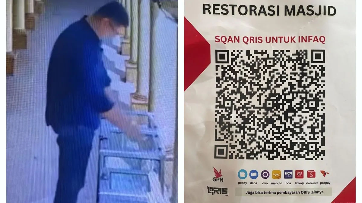 kolase foto Pelaku penipuan Sticker QRIS saat melacarkan aksinya. dengan tampilan sticker yang digunakannya