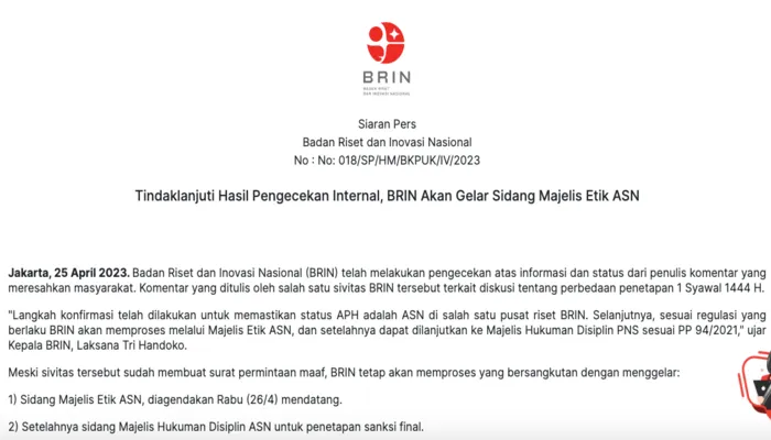 Surat Tindak Lanjut Viral Oknum BRIN