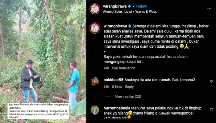 Unggahan Wirang Birawa soal anak hilang di Subang