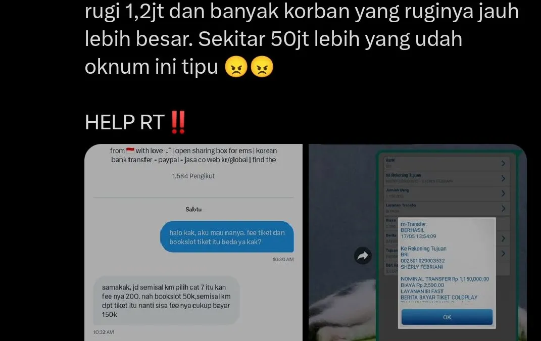 Banyak korban yang terkena modus penipuan dari jasa titip (jastip) tiket konser Coldplay yang merugikan hingga puluhan juta rupiah.