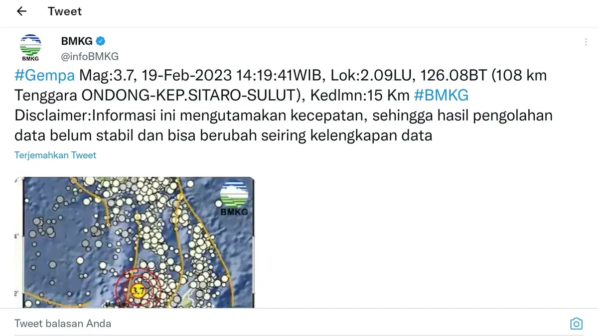 Keterangan BMKG terkait gempa yang terjadi di Kepulauan Sitaro.(Tangkap Layar Twitter @infoBMKG)