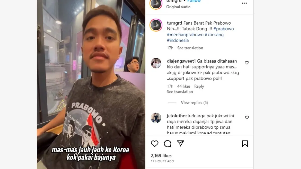 Seperti baru-baru ini, saat tengah berkunjung ke Korea Selatan, Kaesang Pangarep kepergok menggunakan kaos bergambar Prabowo Subianto.