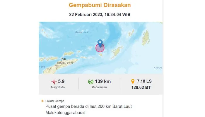 Gempa Maluku Tenggara Barat Rabu (22/2/2023)