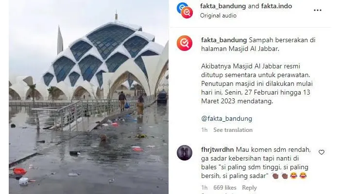 Masjid Raya Al Jabar ditutup karena dipenuhi sampah