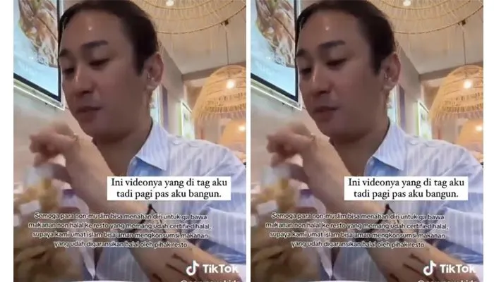 Influencer Jovi memakan bakso yang dicampur dengan krupuk babi.