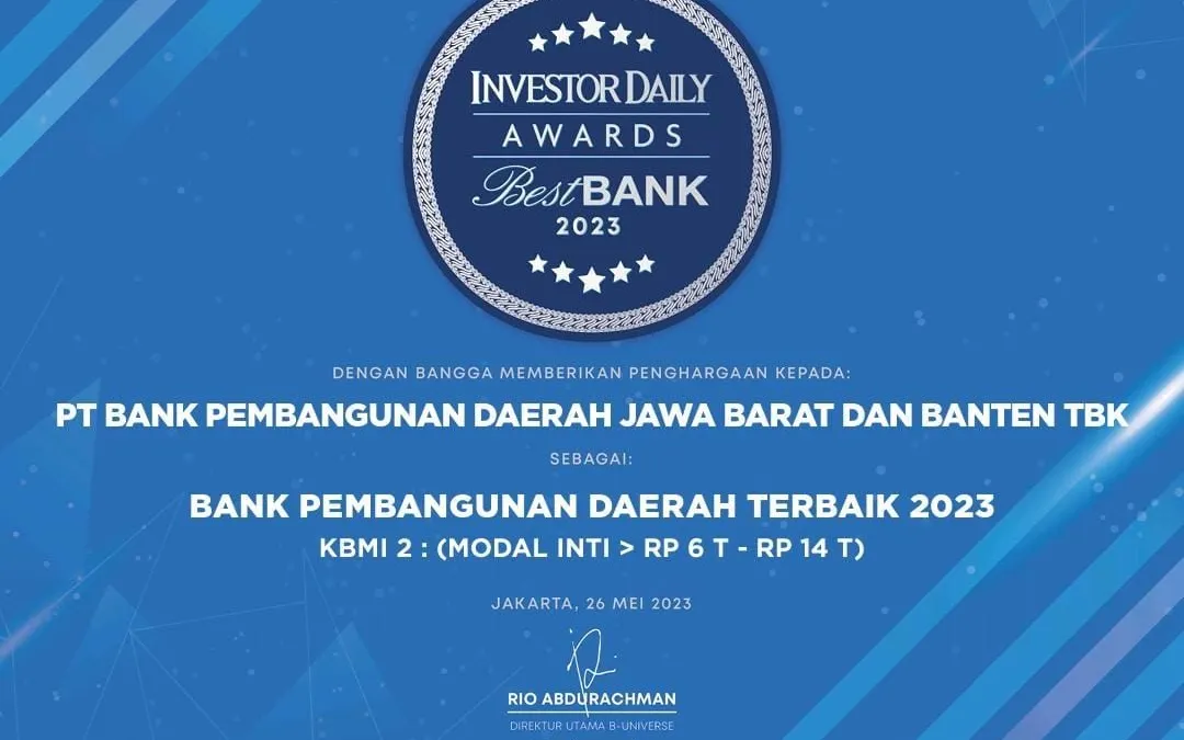 bank bjb berhasil meraih predikat Best Bank 2023 versi Majalah Investor sebagai bank dengan performa terbaik dalam kategori KBMI 2.