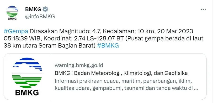 Gempa bumi pagi ini di Maluku, Kabupaten Seram Bagian Barat