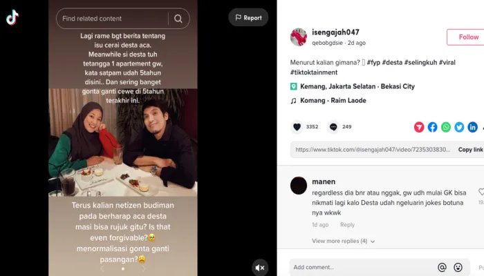 Seorang warganet yang mengaku tetangga apartemen Desta memposting sebuah video yang menyebut bahwa suami Natasha Rizky tersebut sering gonta-ganti wanita selama 5 tahun terakhir.