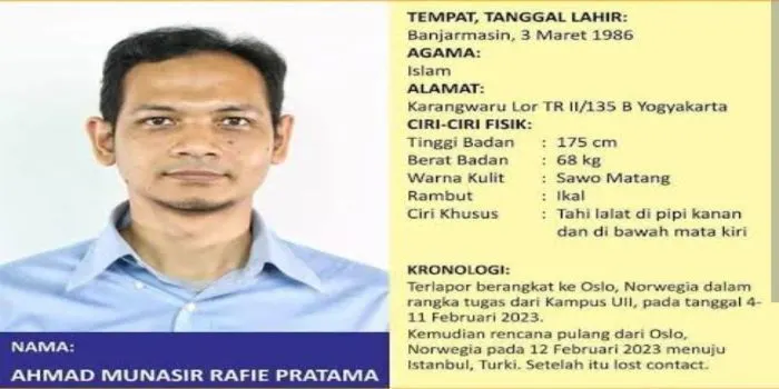 Dosen UII Ahmad Munasir yang hilang di Norwegia