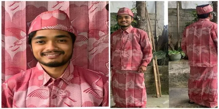 Viral Outfit Lebaran yang Unik, bertema Menyatu dengan Gorden di Rumah