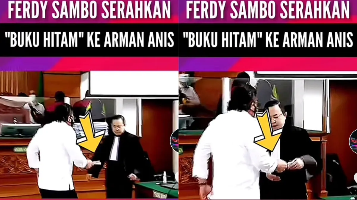 Ferdy Sambo menyerahkan buku hitam kepada Arman Anis usai pesidangan vonis hukuman mati kasus pembunuhan Brigadir J.