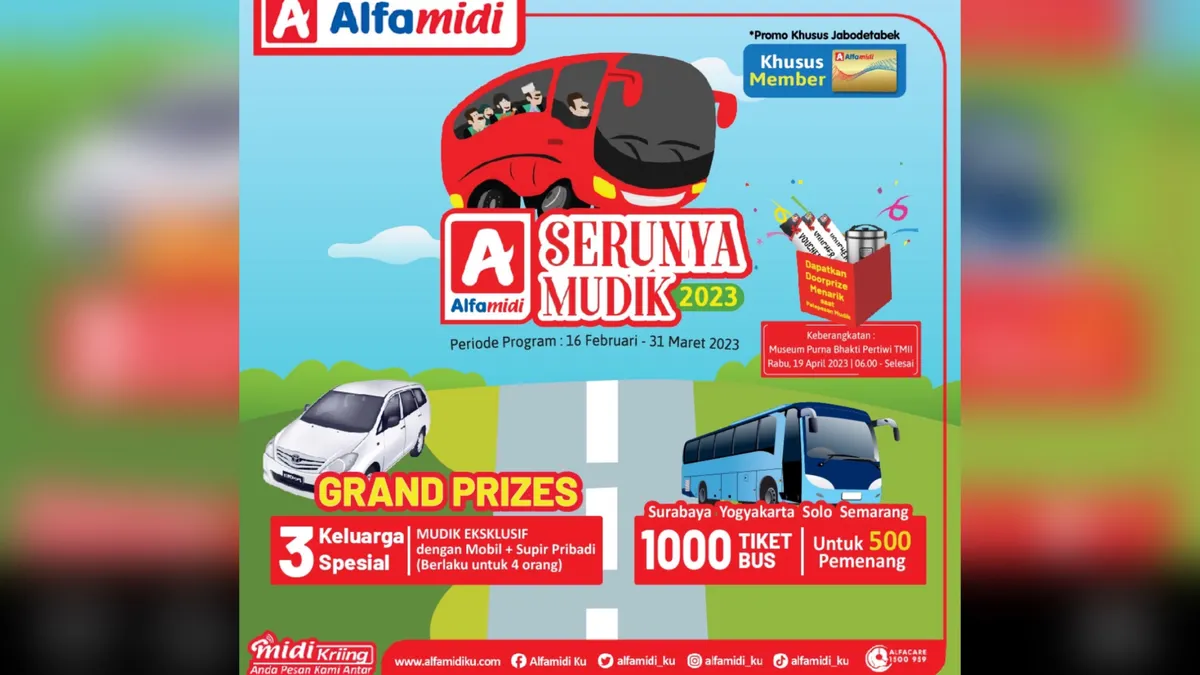 Informasi seputar Mudik 2023. Alfamidi mengadakan mudik gratis di tahun 2023 ini. Simak informasinya berikut.