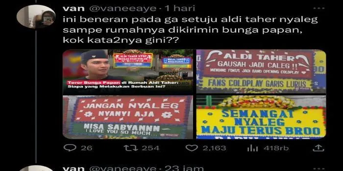Aldi Taher mendapatkan kiriman karangan bunga dengan beragam tulisan