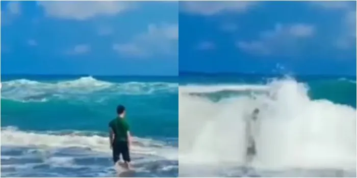 Seorang pria malah menantang! Ia ingin membuktikan mitos di Pantai Selatan. Pria tersebut nekat memakai baju hijau dan berdiri menunggu ombak.